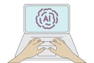 An illustration of two hands resting on a laptop keyboard; the screen says "AI."