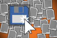 A photo illustration on the concept of saving files, featuring the floppy-disk save icon and an arrow pointing to it, among images of documents.
