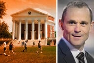 The campus of the University of Virginia next to a headshot of the former university president James Ryan.