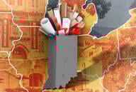 An illustration of a bunch of diplomas stuffed into a trash can in the shape of the state of Indiana. The background has a map of the United States and the University of Indiana overlaid in it.