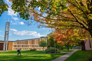 View from President Petillo's office of the Chapel of the Sacred Heart on the campus quad