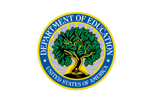 The seal of the U.S. Department of Education. It is a circular seal with the words "Department of Education" and "United States of America" with a tree in the center.