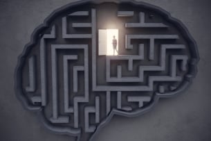 Big Idea Concept, The woman open the door in the maze-shaped brain