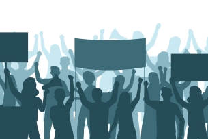 A blue silhouette drawing of a group of people holding up protest signs, engaging in activism, many with their arms raised.