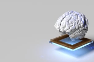 A drawing of a human brain hovering above computer hardware.