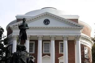 A statue of Thomas Jefferson in front of the Rotunda at the University of Virginia.