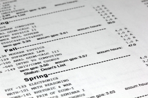 Stock photo of a cropped college transcript, with fall and spring courses and A and B grades. Black and white.