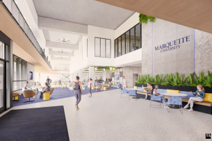 A mockup of the lobby for Marquette University's new wellness and recreation center shows students using couches and exercise equipment.