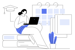 Concept image featuring an illustrated woman with a laptop sitting on large textbooks, with both a calendar and a graduation cap in the background. Colors are blue, black and white.