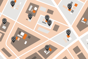 A map shows the outline of a city, with small black pins with a frowny face denoting places to cry.