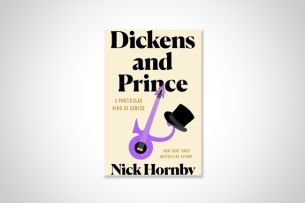 The cover of Dickens and Prince by Nick Hornby, showing Prince's iconic purple symbol guitar with a black top hat