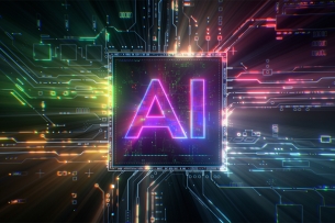 The letters "AI" in purple, against a dark background depicting the transfer of data in many different colors. 