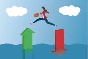 Woman holding briefcase jumps from a red bar to a green one with an arrow pointing upward