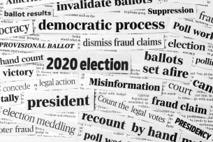 An image composed of various election-related phrases layered atop one another, incluidng "2020 election," "Misinformation" and "democratic process."