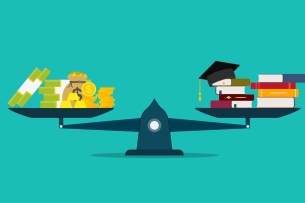 Illustration of a scale weighing money on one side and textbooks and a graduation cap on the other.