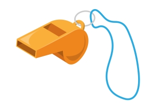 A drawing of an orange plastic whistle on a blue chain.