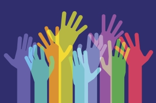 Illustration: Group of hands of all different colors outstretched and raised in the air