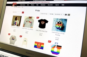 The University of Utah's campus store website displays rainbow-adorned T-shirts, key chains and stickers under the heading "Pride."