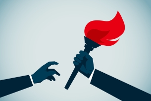 Illustration: a hand reaches out to another hand holding a bright red torch