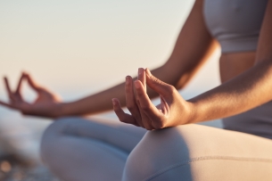 Woman, hands or lotus pose meditation on sunset beach