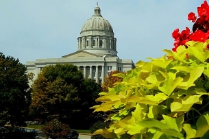 Exterior views of the Missouri State Capitol building, from afar.