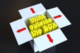 A drawing of a white box against a black background. Inside the box are the words, in yellow, "think outside the box," with red arrows pointing outward on each of the box's four flaps.