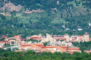 The University of Colorado Boulder campus with Flagstaff Mountain in the background.