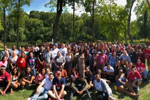 Flyer Promise Scholars at the University of Dayton smile for a photo.