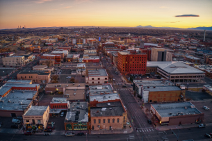 An aerial view of the city of Pueblo, Colo., at sunset.