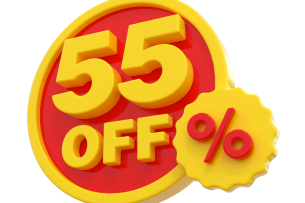 A red and yellow discount label, reading "55% Off."