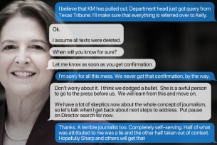 A photo illustration of Kathy Banks and text messages exchanged with a university official