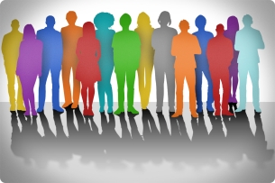 Abstract rendering of rainbow-colored silhouettes of people casting gray shadows