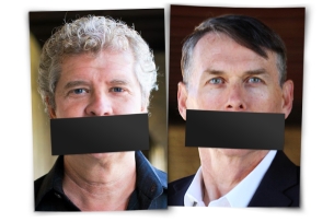 A photo illustration showing photos of Stanford University researchers Sean Reardon and Thomas Dee with black bars pasted over their mouths.
