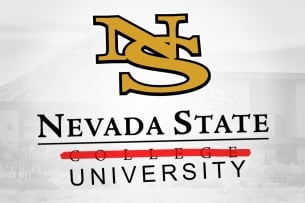 Nevada State College's old logo, with the word "college" crossed out and replaced with the word "university"