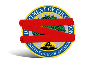 A graphic showing red tape around the Education Department's seal