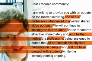 A headshot of Philosophy Professor Stephen Kershnar overlapped with a copy of the message sent out to SUNY Fredonia staff and students announcing he was barred from campus.