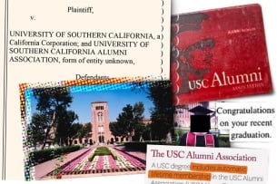 Collage of elements from the lawsuit filed against the University of Southern California.