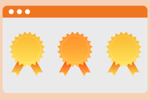 Three badges on an orange browser window on an orange background