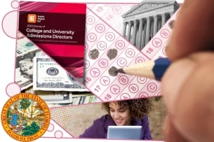 A collage of a multiple-choice questionaire, the Supreme Court building, the Florida state seal, money, and a student at a laptop