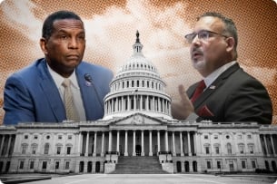 A Black man in a blue suit and tie and a Latino man in a gray suit and tie face off over the U.S. Capitol