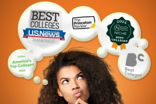 Person thinking with different college ranking logos floating in thought bubbles over their head.