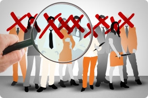 A photo illustration of people under a magnifying glass with red X's over their faces