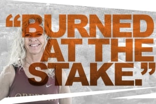 "Burned at the stake" quote over a head shot of coach Kim Russell