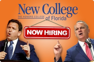 A photo illustration of Ron DeSantis and Richard Corcoran with a "now hiring" sign