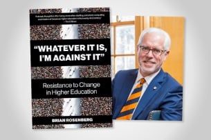 A picture of the book jacket beside a smiling photo of the author, Brian Rosenberg, a light-skinned man with white hair and a beard wearing glasses and a suit and tie
