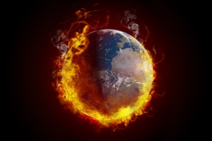 An illustration of the Earth on fire.