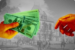 Two hands exchange money in front of a black-and-white photo of the Brown University campus.