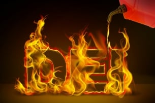 An illustration of the acronym "DEI" on fire. A gas can visible in the upper right-hand corner of the illustration is fueling the flames.
