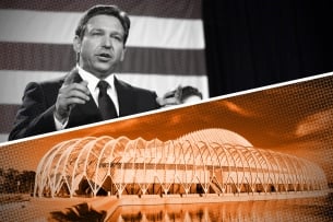 A photo illustration of Ron DeSantis and the Florida Poly campus