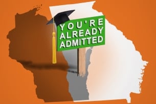 The outlines of Wisconsin and Georgia, with a yard sign in the middle that reads "you're already admitted"